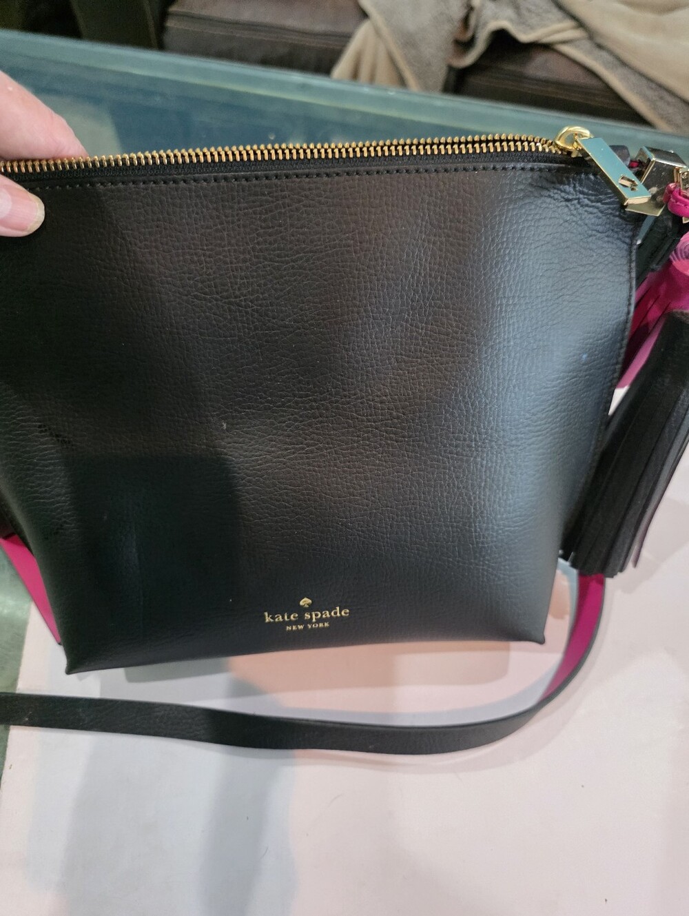 kate spade Black Leather Crossbody with Pink Strap and Gold Hardware